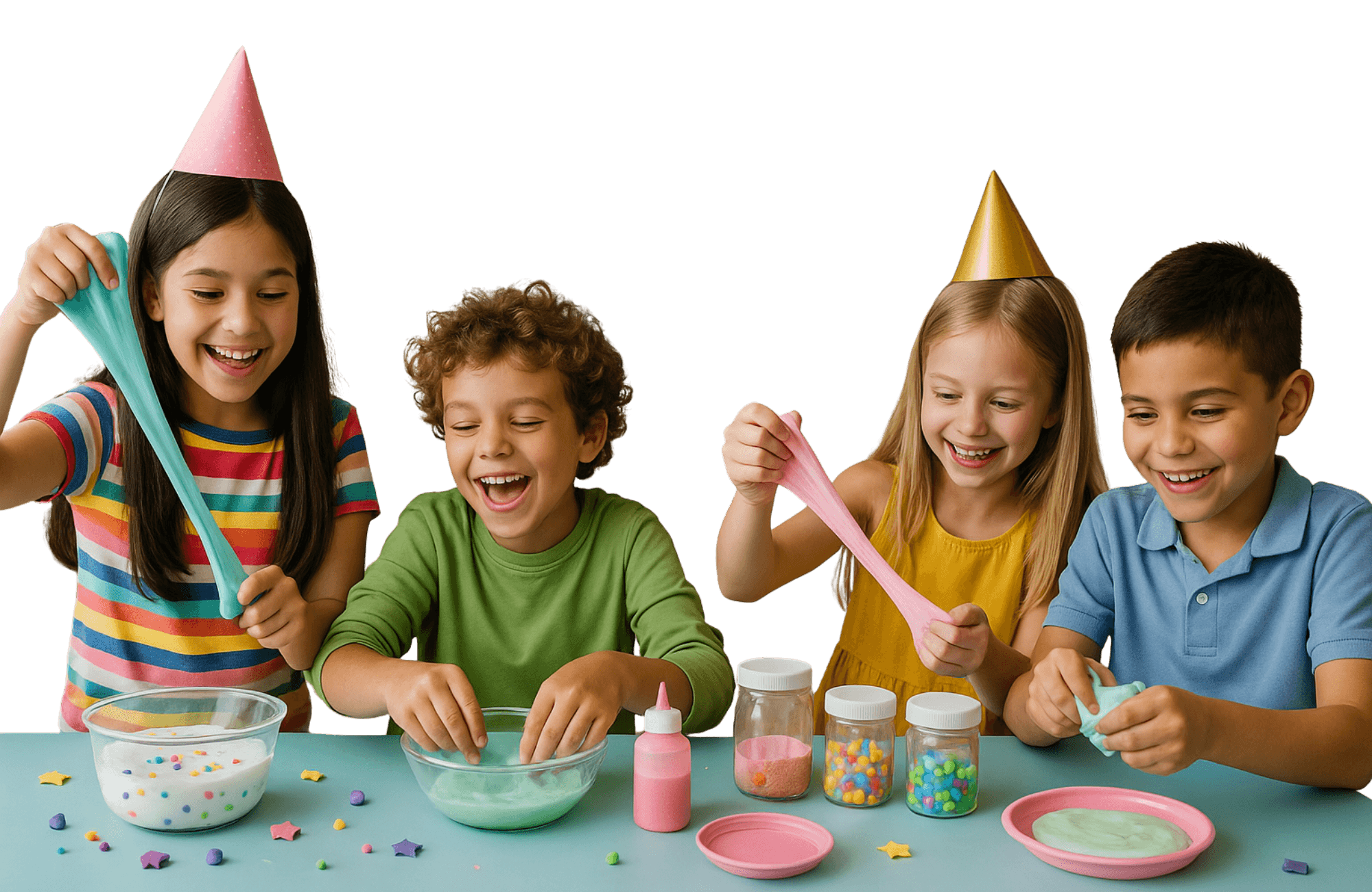 Kids enjoying a slime party with colorful slime and smiles